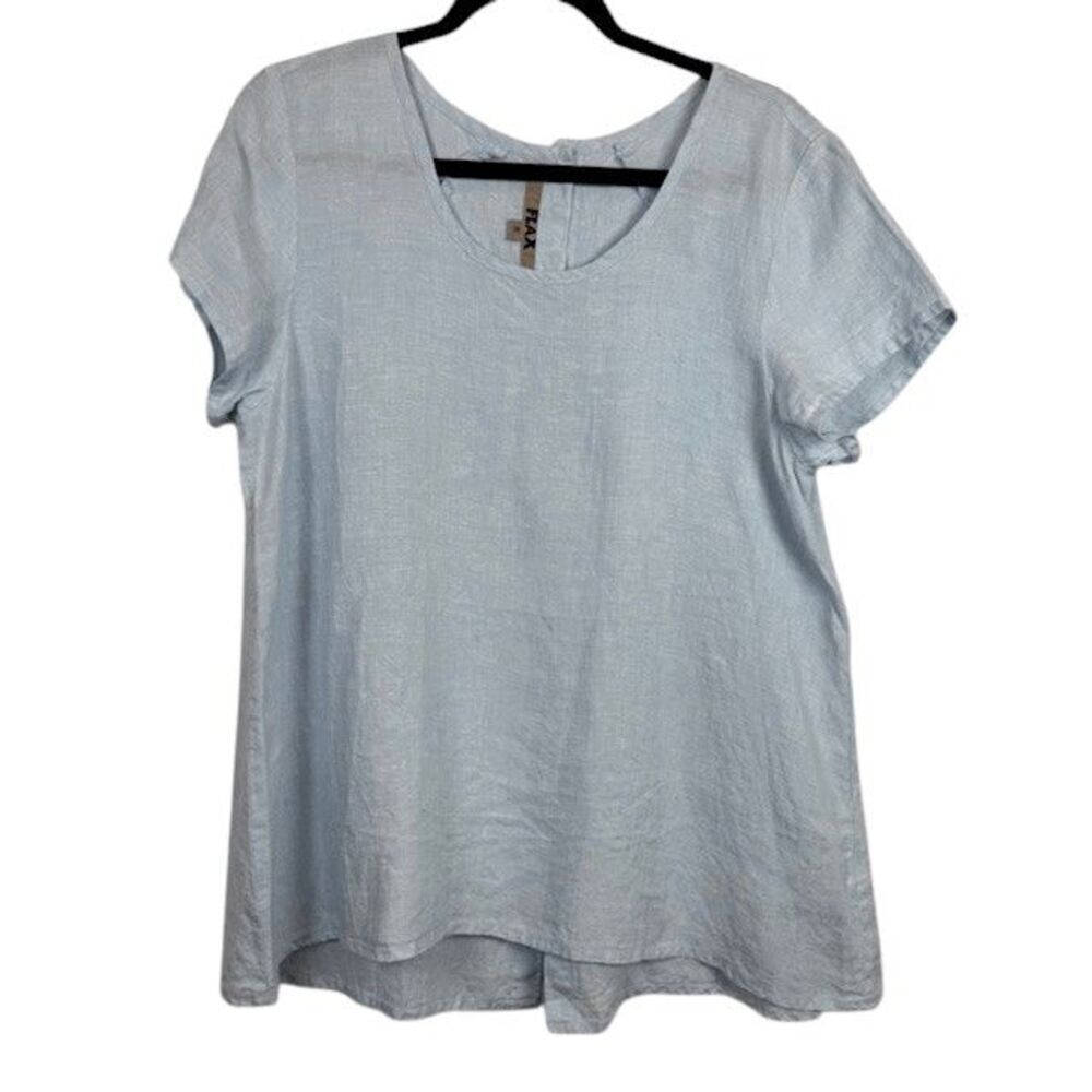 FLAX 100% Linen Blouse Button Up Back Light Blue Short Sleeve Size 8 (Flax‎ S)